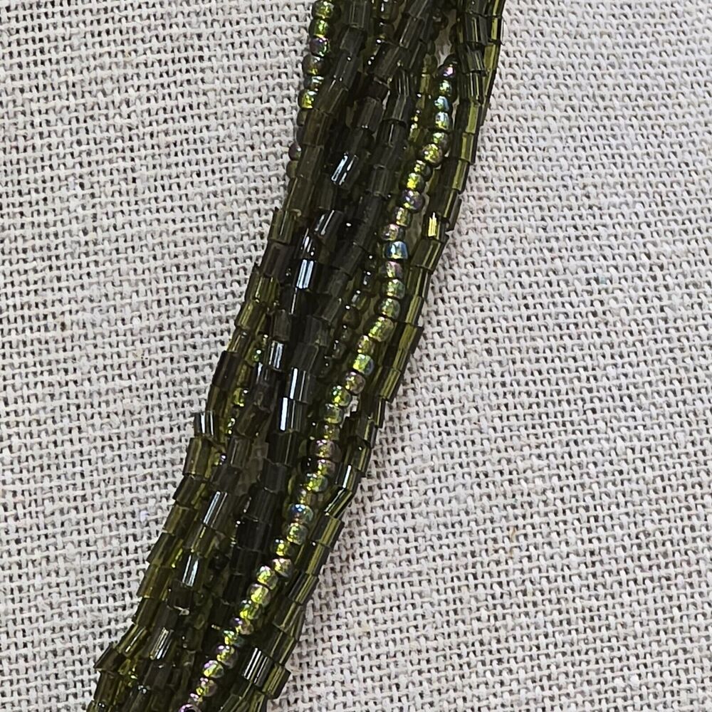 Green Seed Bead Multi Strand Silver Tone Enamel Pendant Necklace - Picture 7 of 13